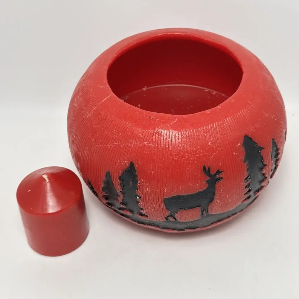 Carved Red Wax Lantern Luminary Bowl Rustic Winter Forest Stag Candle Holder